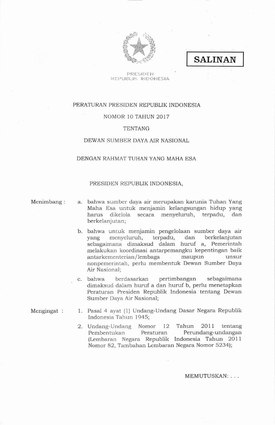 Cover PERPRES NOMOR 1O TAHUN 2017 — DEWAN SUMBER DAYA AIR NASIONAL