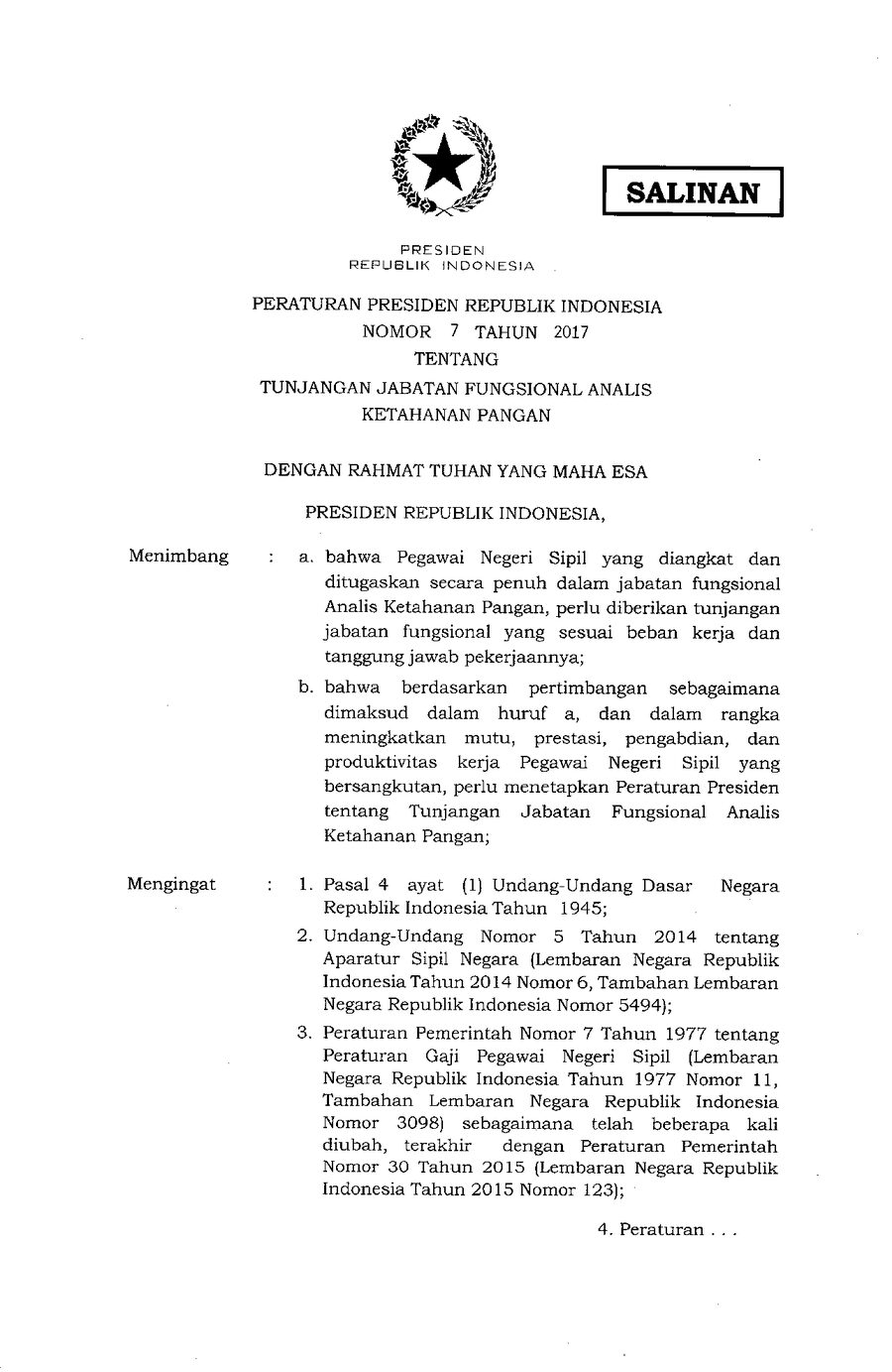 Cover PERPRES NOMOR 7 TAHUN 2017 — TUNJANGAN JABATAN FUNGSIONAL ANALIS KETAHANAN PANGAN