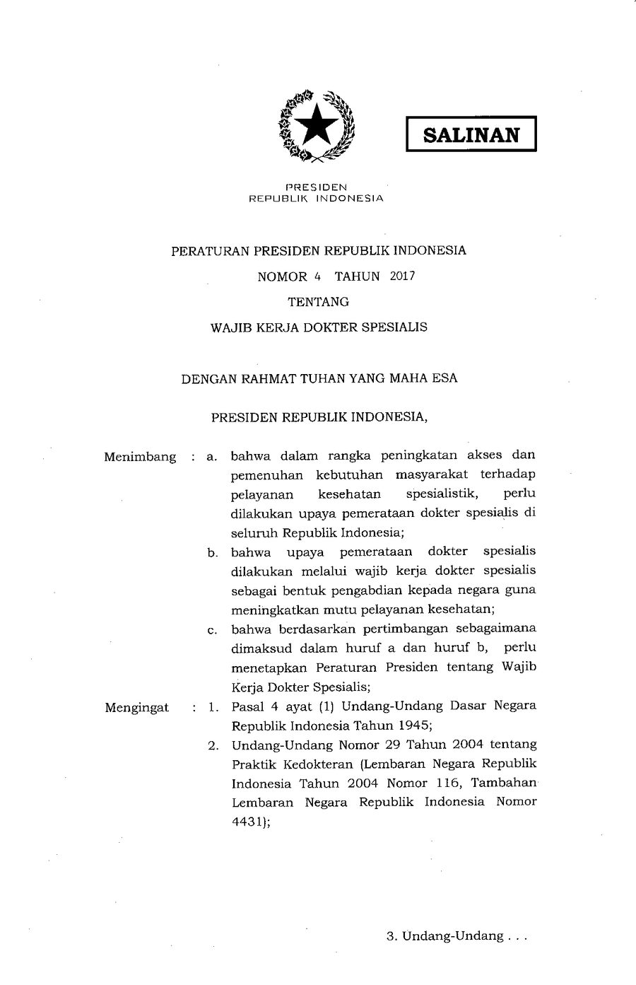Cover PERPRES NOMOR 4 TAHUN 2017 — WAJIB KERJA DOKTER SPESIALIS