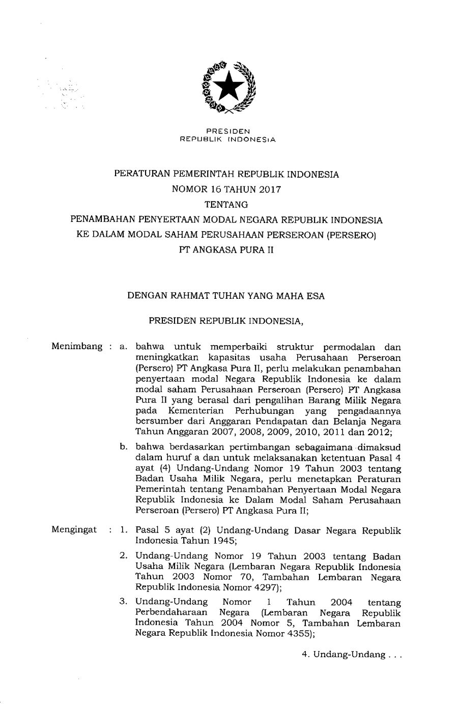 Cover PP NOMOR 16 TAHUN 2017 — PENAMBAHAN PENYERTAAN MODAL NEGARA REPUBLIK INDONESIA KE DALAM MODAL SAHAM PERUSAHAAN PERSEROAN (PERSERO) PT ANGKASA PURA II