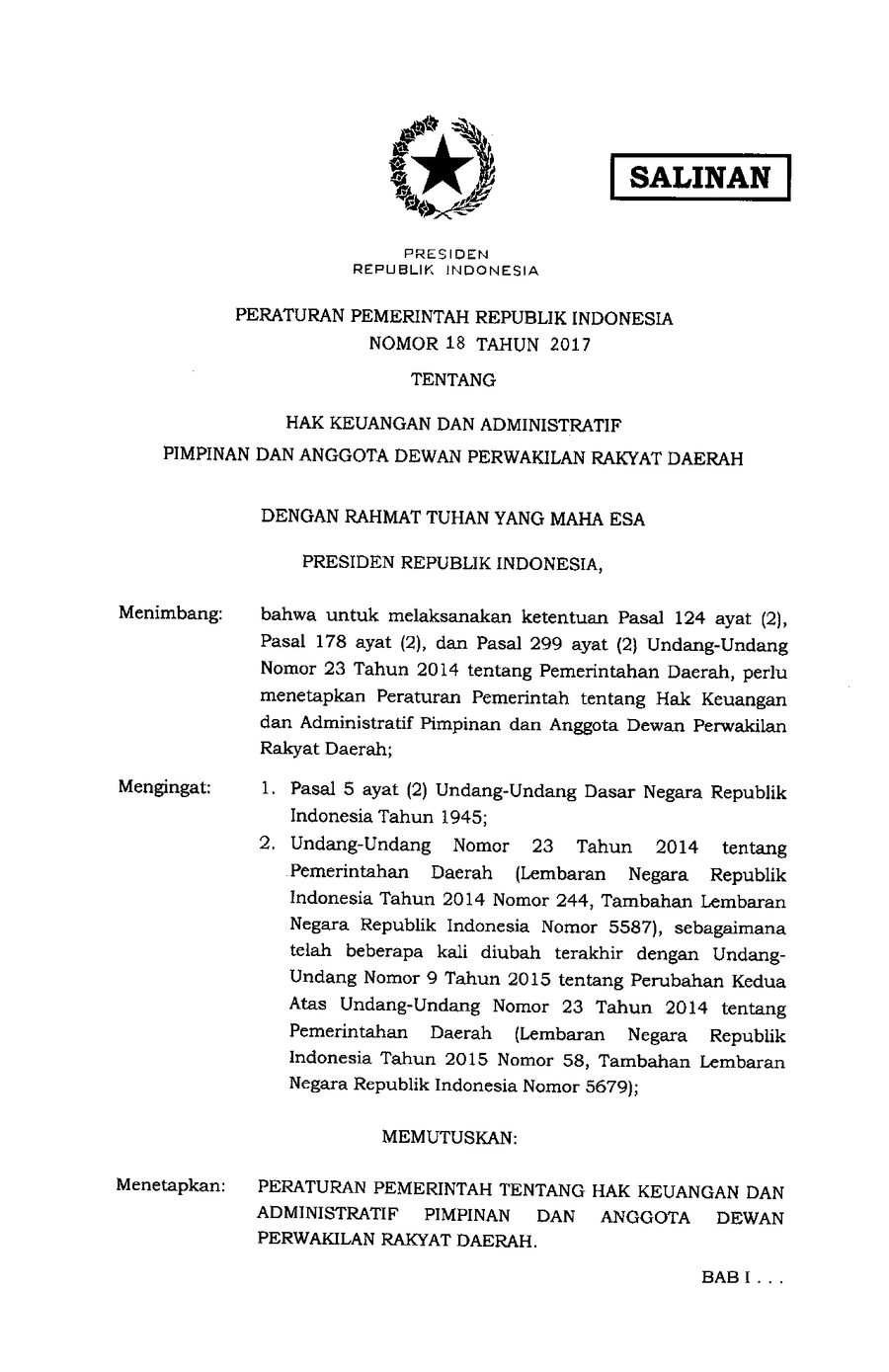Cover PP NOMOR 18 TAHUN 2017 — HAK KEUANGAN DAN ADMINISTRATIF PIMPINAN DAN ANGGOTA DEWAN PERWAKILAN RAKYAT DAERAH