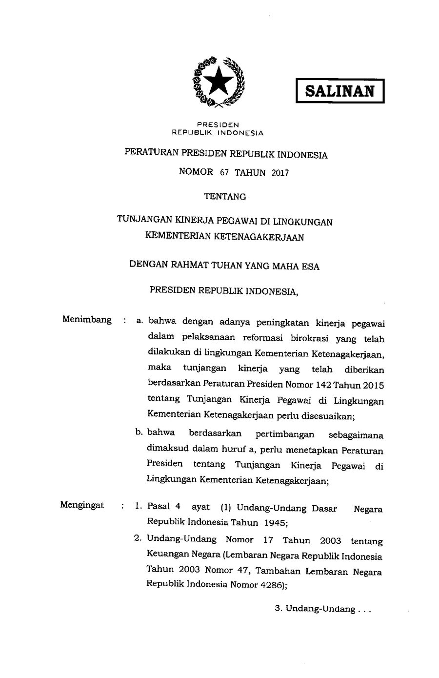 Cover PERPRES NOMOR 67 TAHUN 2017 — TUNJANGAN KINERJA PEGAWAI DI LINGKUNGAN KEMENTERIAN KETENAGAKERJAAN