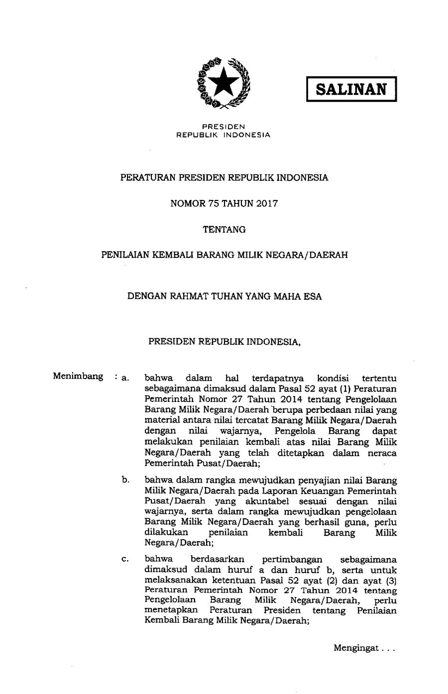 Cover PERPRES NOMOR 75 TAHUN 2017 — PENILAIAN KEMBALI BARANG MILIK NEGARA/DAERAH